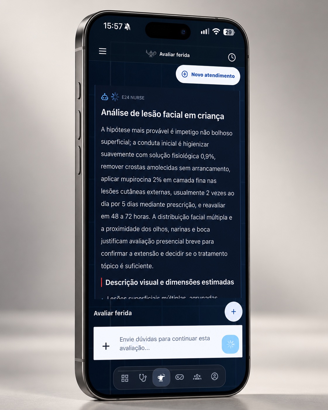 Tela ilustrativa com análise estruturada de ferida no NursIA